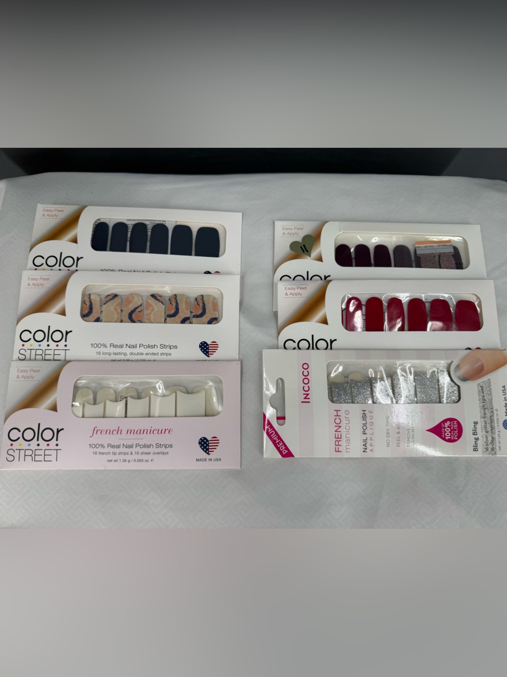 Color Street Nail Polish Strips - Navy, Burgundy, Red, Silver, Cream